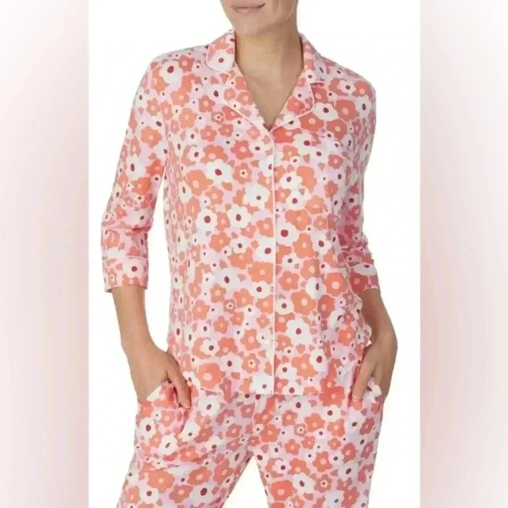 Kate Spade Floral Orange Pink White Quarter Sleeve Button Down Pajama Top Sz XL